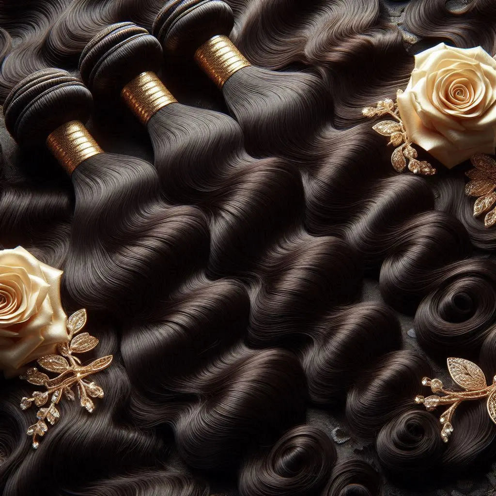 Three bundles of black body wave hair extensions with gold wrapping, elegantly arranged with beige roses and gold decorative accessories.