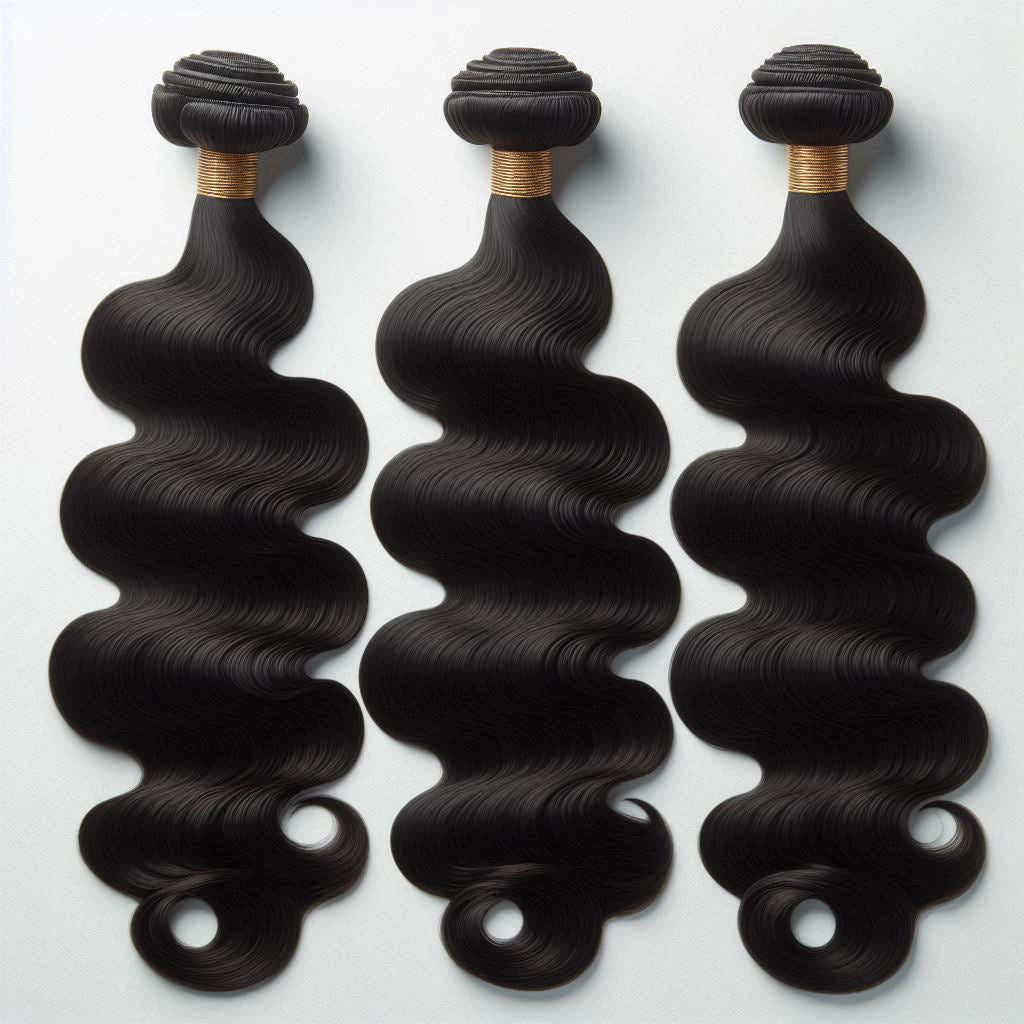 Three bundles of black body wave hair extensions with a glossy finish, neatly arranged on a white background.

