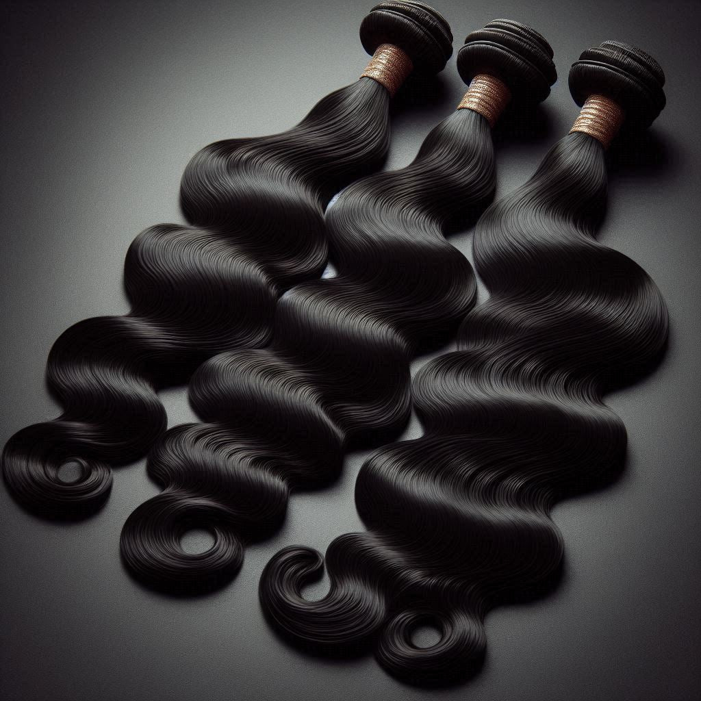 Three bundles of sleek, black body wave hair extensions neatly arranged on a white background.

